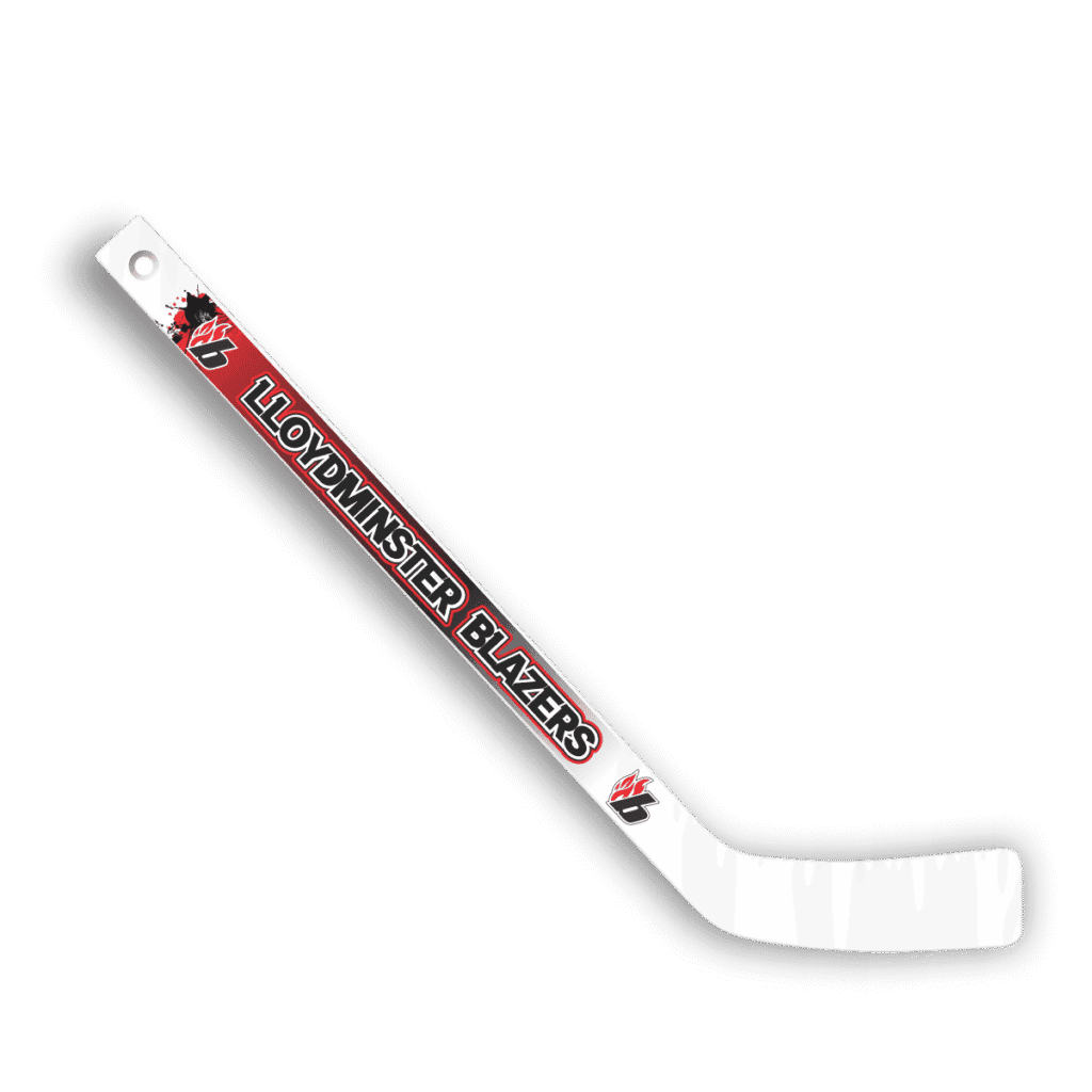 Mini hockey stick with Lloydminster Blazers logo and branding for promotional use.