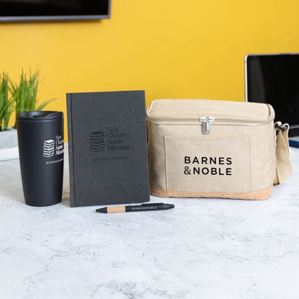 Eco-friendly onboarding set with Barnes & Noble bag and notebook.