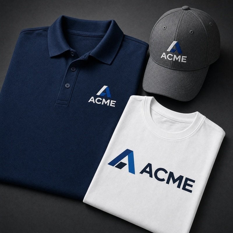 Branded polo shirt, cap, and t-shirt with ACME logo for promotional use.