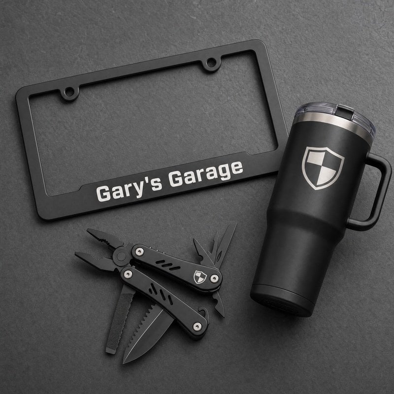 Personalized garage license plate with multi-tool and travel mug for Gary's Garage.