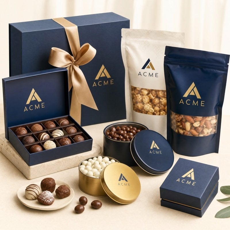 Elegant gift set with chocolates, nuts, and branded packaging for corporate gifting.