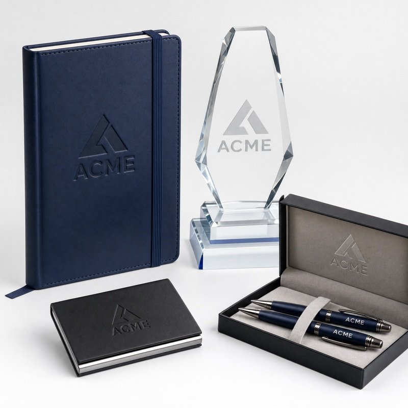 Elegant corporate gift set with notebook, pens, and crystal award with logo.