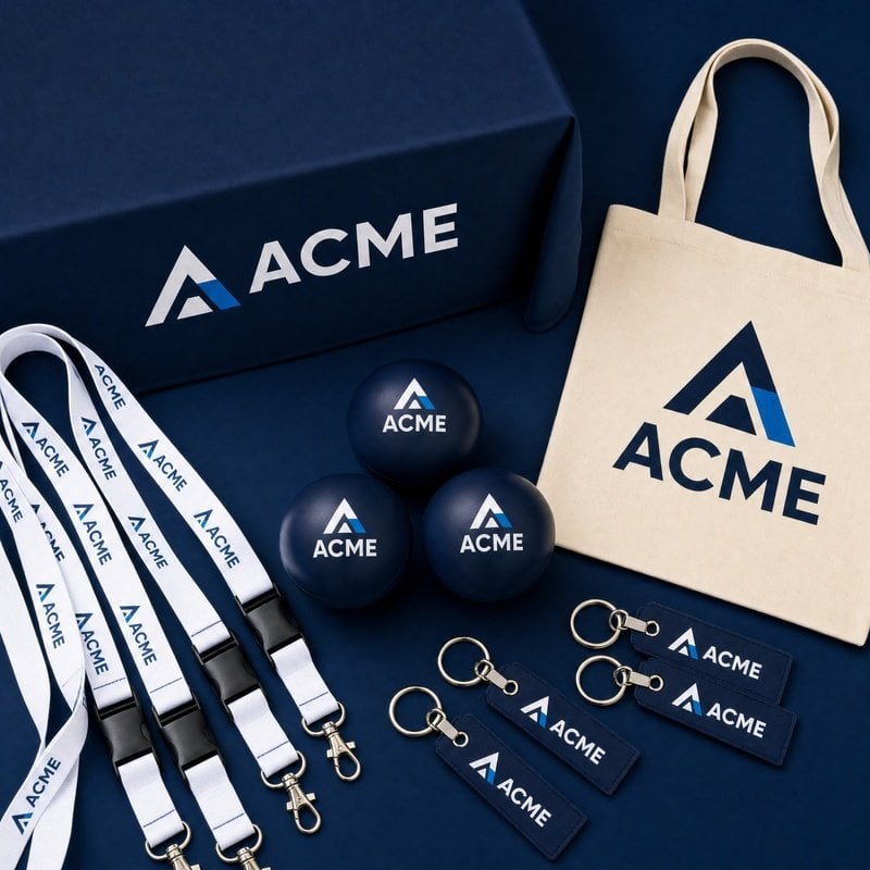 Branded merchandise including bags, keychains, and balls with ACME logo.