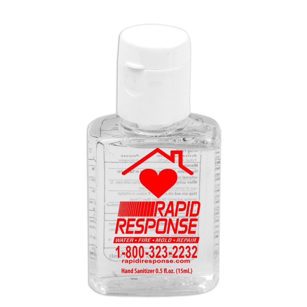 Custom hand sanitizer bottle with Rapid Response logo and contact info.