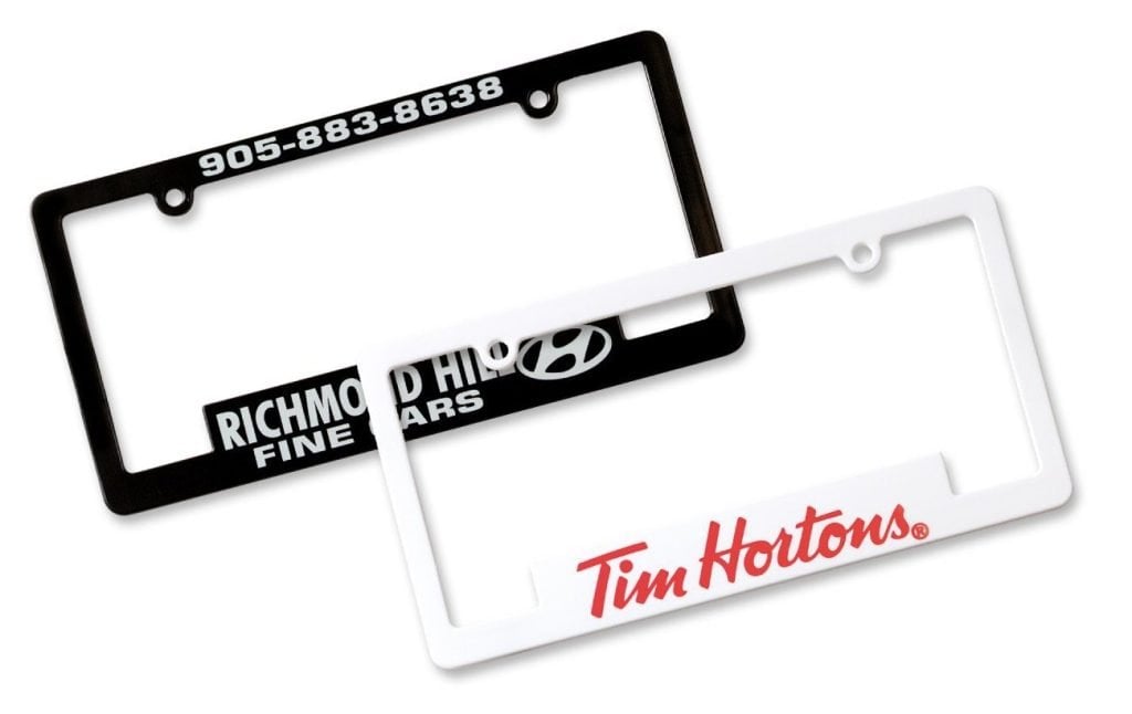 Custom car license plate frames with Tim Hortons and Hyundai logos.