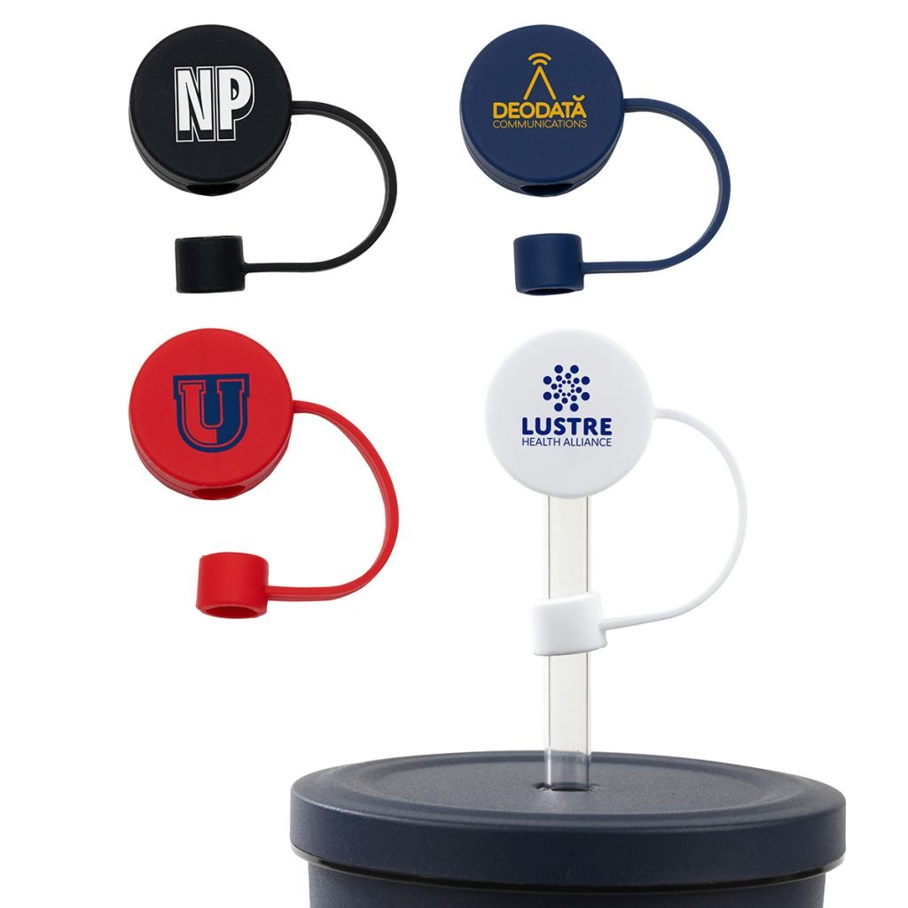Set of four circular logo badge clips in black, blue, red, and white mounted on a stand beside a cup or tumbler.