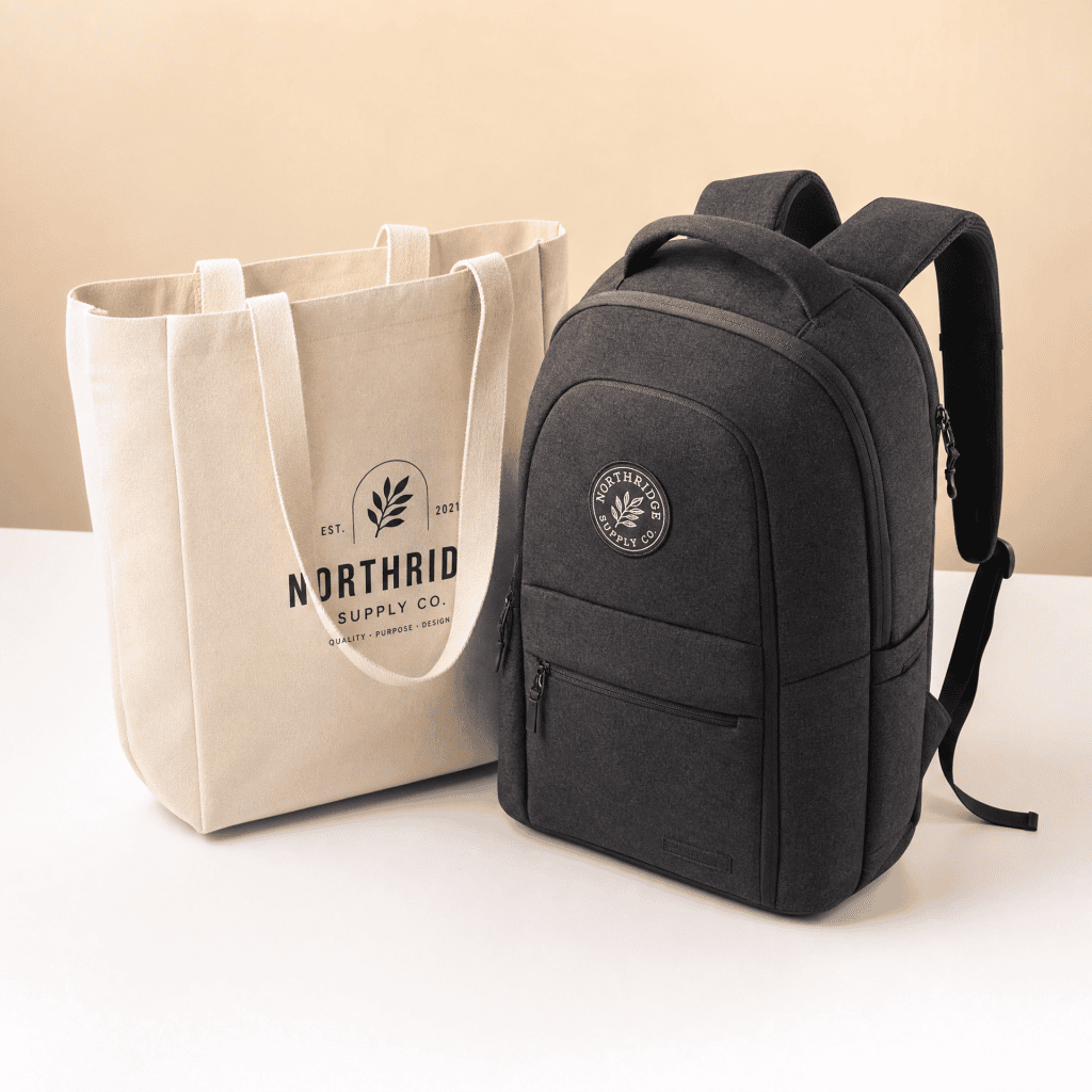 Custom branded tote bag and backpack from CanPromos for promotional giveaways.