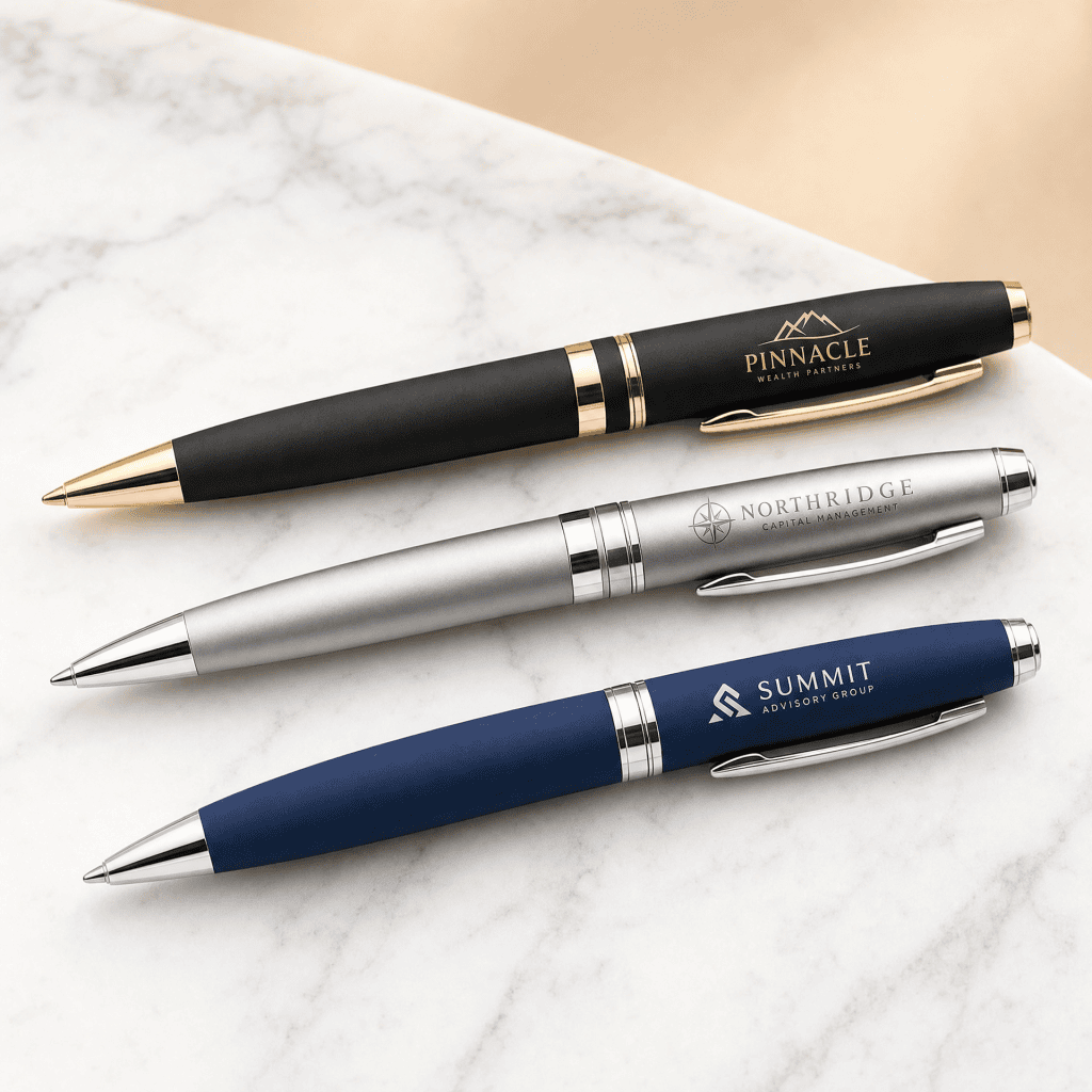 Three branded pens in black, silver, and blue on a marble surface with company logos.