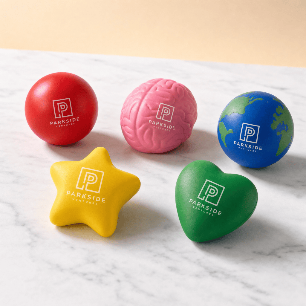 Colorful stress balls with Parkside Ventures logo on a marble surface.