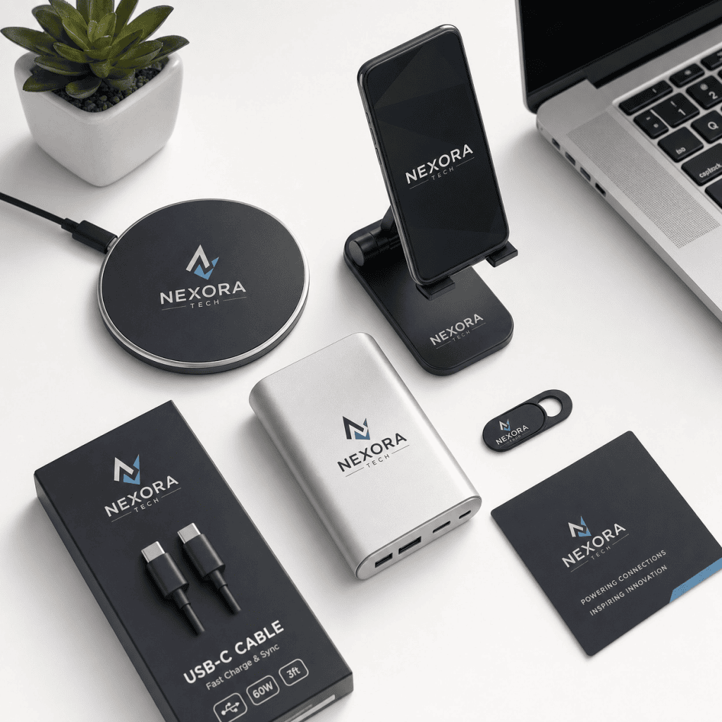 NEXORA tech gadgets including wireless charger, power bank, USB-C cable, and phone stand.