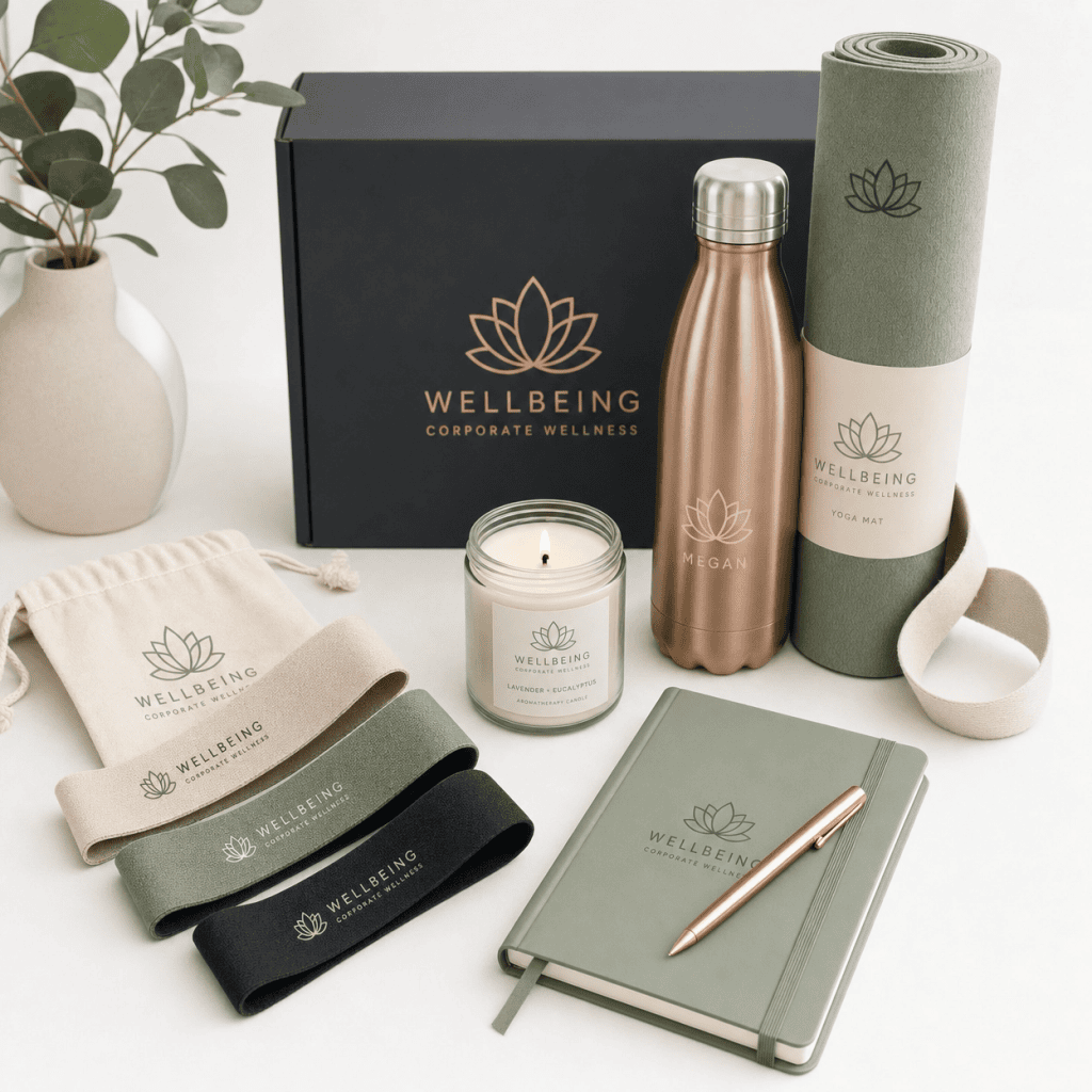 Wellbeing corporate wellness gift set with water bottle, yoga mat, and accessories.