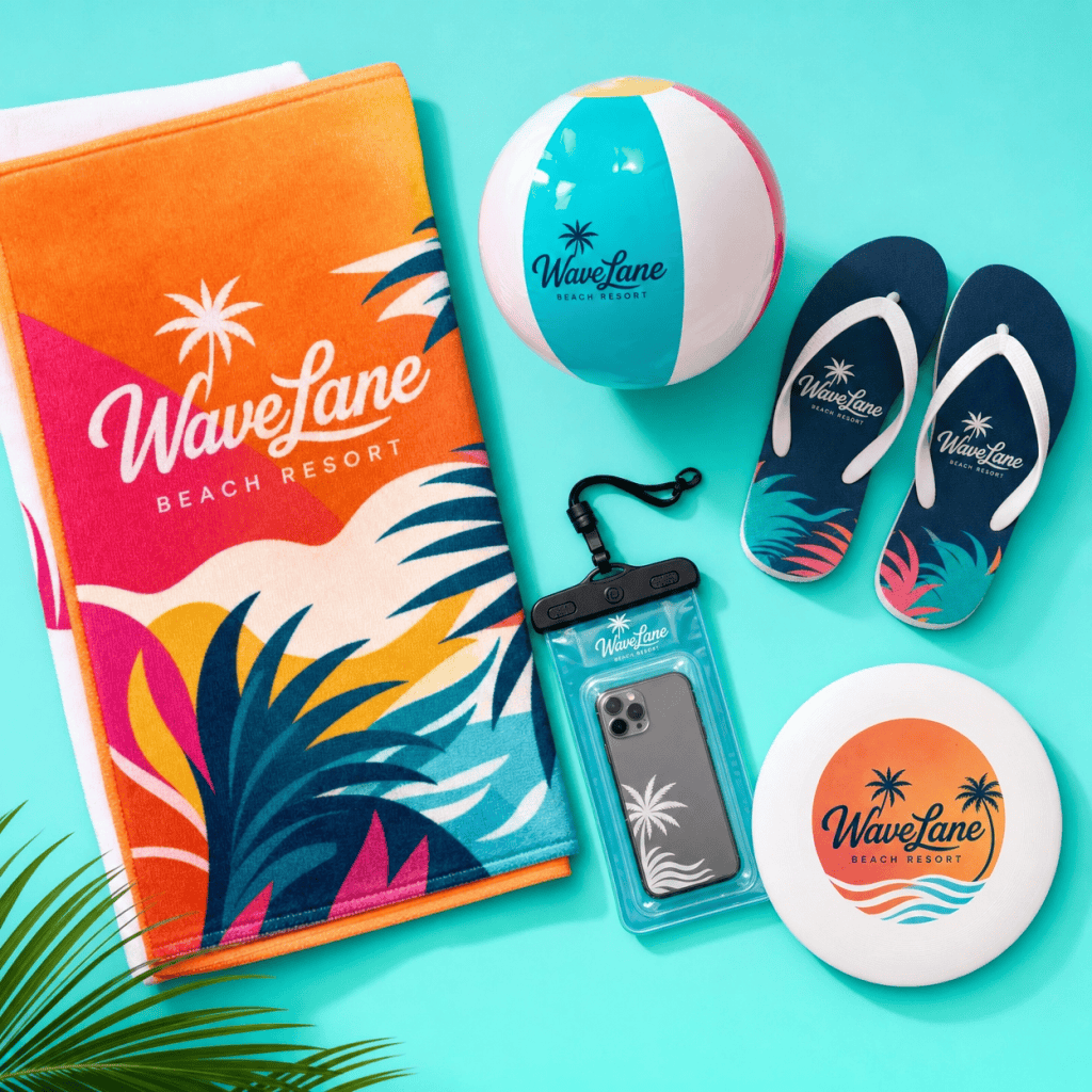 WaveLane Beach Resort branded beach towel, ball, flip-flops, and phone case on turquoise background.