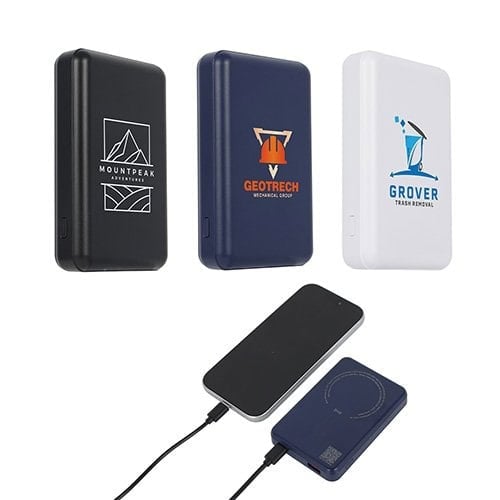 Power banks with custom logos for promotional branding and charging devices.