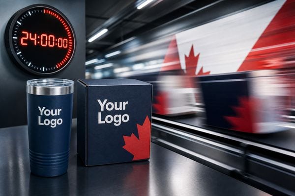 Rush production visual with branded tumbler, shipping box and 24 hour countdown clock